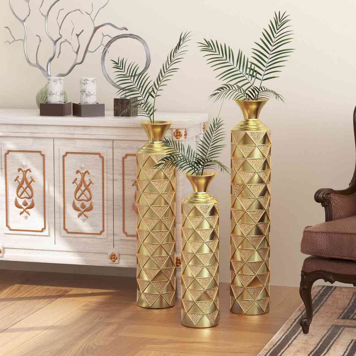 Metal decorative vase High Distress Metal center vase with 3D triangle pattern, set of 3 vases for home decoration 33.5 ", 29.5 ", 25.2 "high, gold