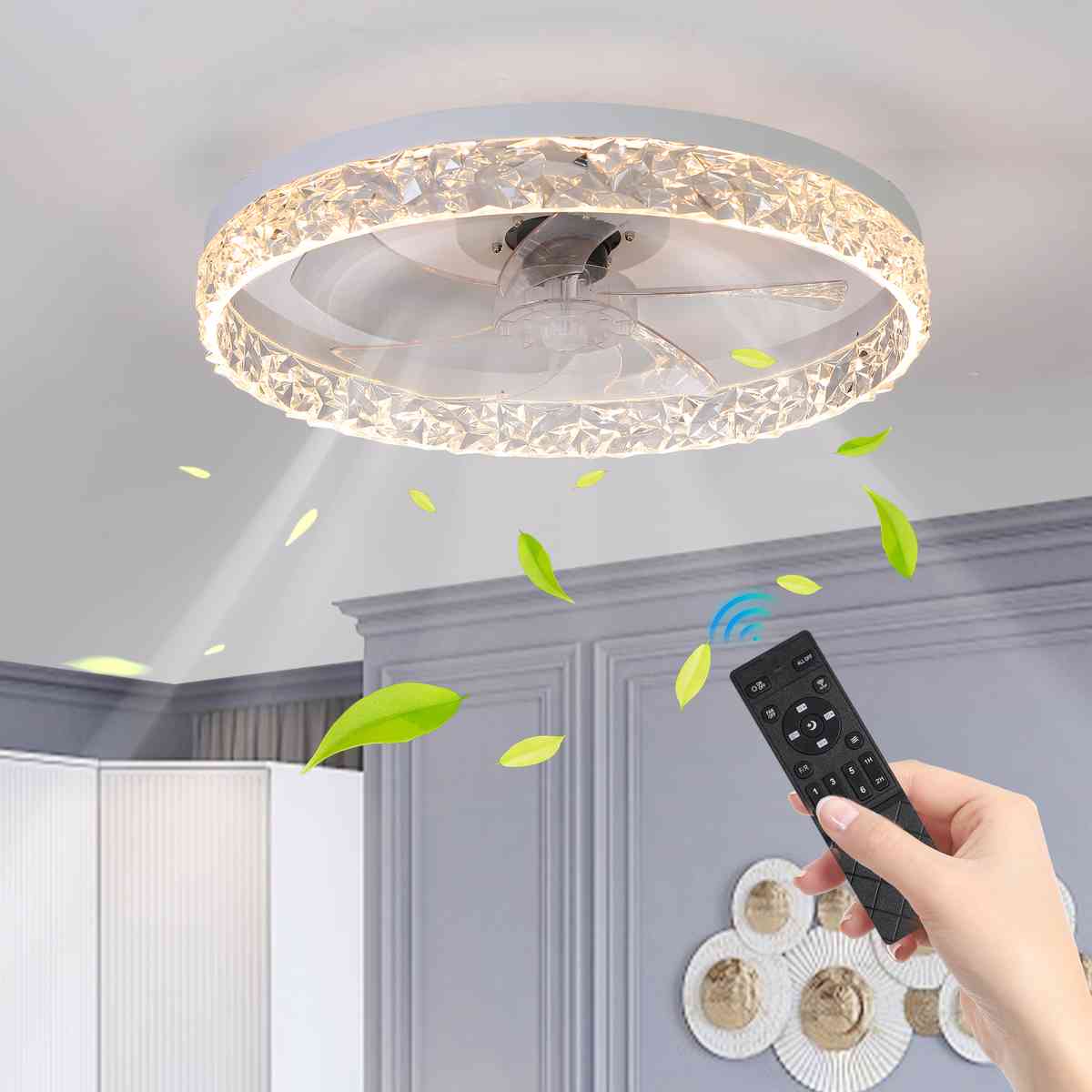 Modern Acrylic Ceiling Fan Light with Remote Control, Dimmable LED Chandelier, 6-Speed Adjustable, Quiet Motor, Flush Mount Design for Living Room, Bedroom, Dining Room