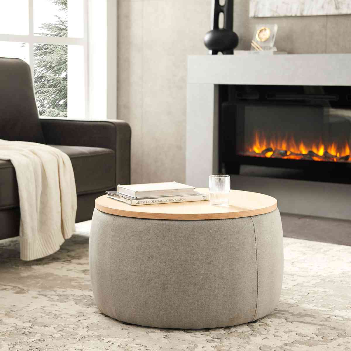 Round Storage Ottoman, 2 in 1 Function, Work as End table and Ottoman, Grey (25.5"x25.5"x14.5")