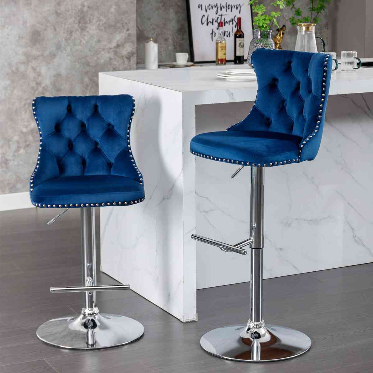 A&A Furniture,Swivel Velvet Barstools Adjusatble Seat Height from 25-33 Inch, Modern Upholstered Chrome base Bar Stools with Backs Comfortable Tufted for Home Pub and Kitchen Island(Blue,Set of 2)