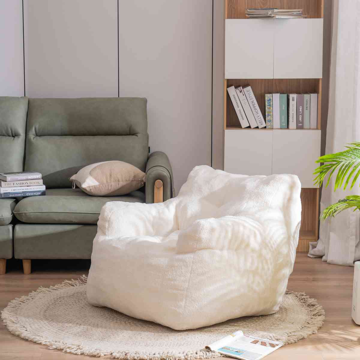 010 Soft Teddy Fabric Tufted Foam Bean Bag Chair with Teddy Fabric Ivory White