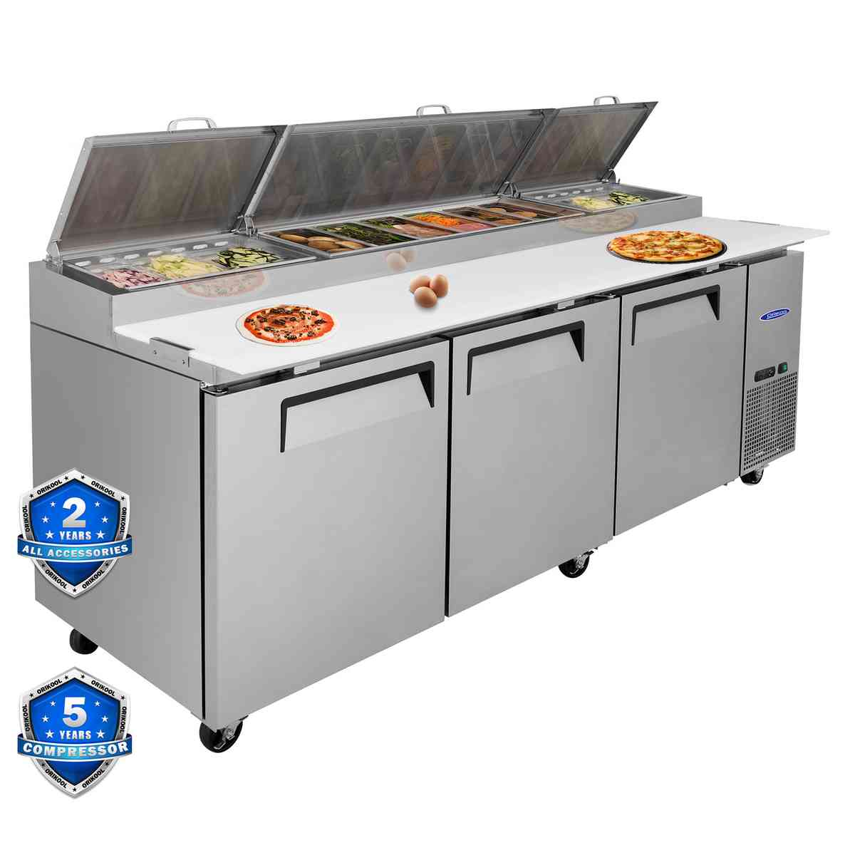 Orikool 93 IN Commercial Pizza Prep Table with a Built-in Refrigerator 30.8 Cu.Ft, Butcher Block Cutting Board, Protection Lid, Cold Storage, and Smooth-Rolling Casters, ETL Certified