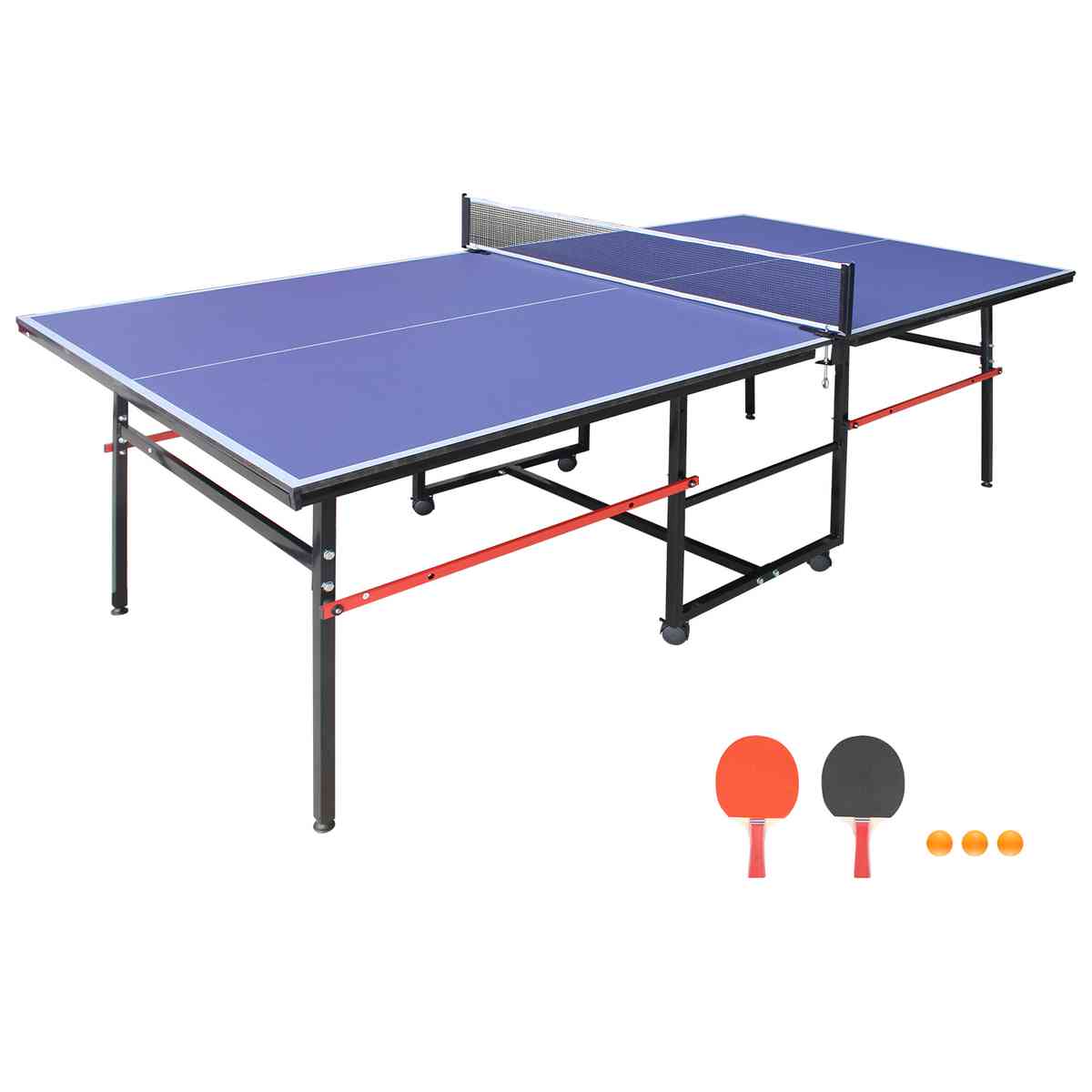 8ft Mid-Size Table Tennis Table Foldable & Portable Ping Pong Table Set for Indoor Games with Net, 2 Table Tennis Paddles and 3 Balls