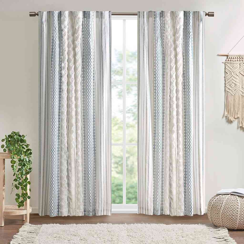 Cotton Printed Curtain Panel with Chenille Stripe and Lining White/Navy 50x84"
