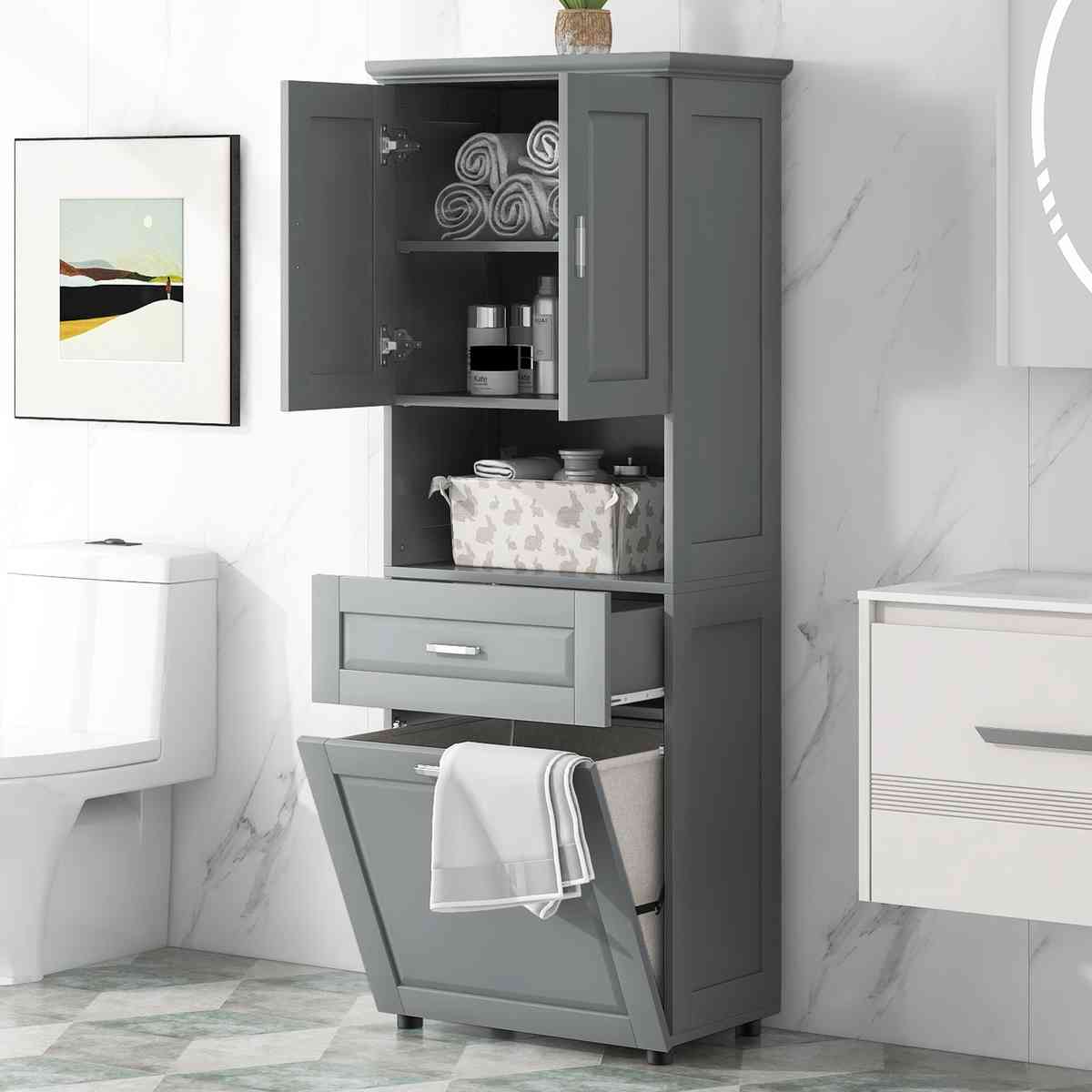 Tall Bathroom Cabinet with Laundry Basket, Large Storage Space Tilt-Out Laundry Hamper and Upper Storage Cabinet, Grey