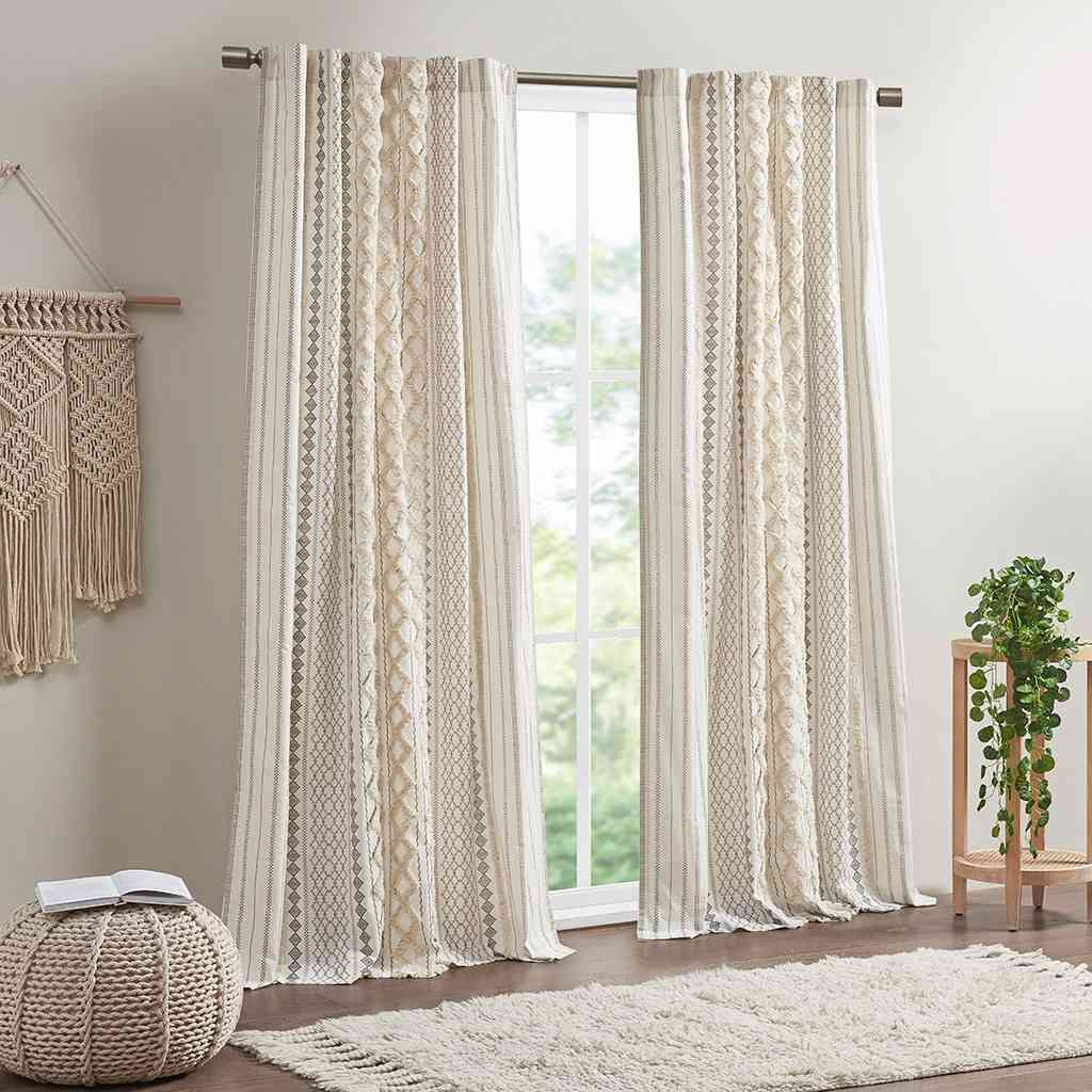 Cotton Printed Curtain Panel with Chenille Stripe and Lining Ivory 50x95"