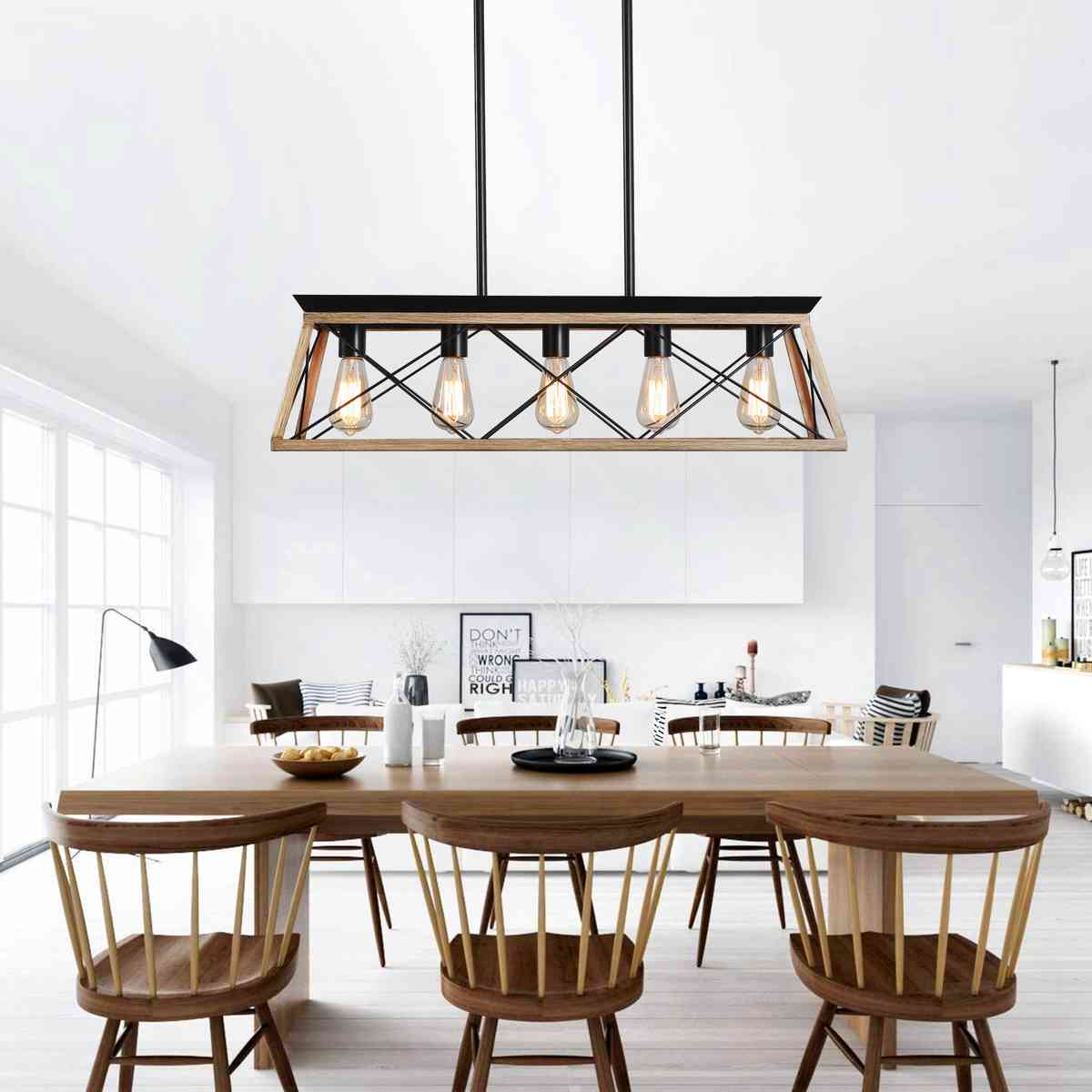 32" Oak Industrial 5-Light Pendant Chandelier, Modern Metal Cage Design, Adjustable Hanging Light for Dining Room, Kitchen, Living Room (No Bulbs)