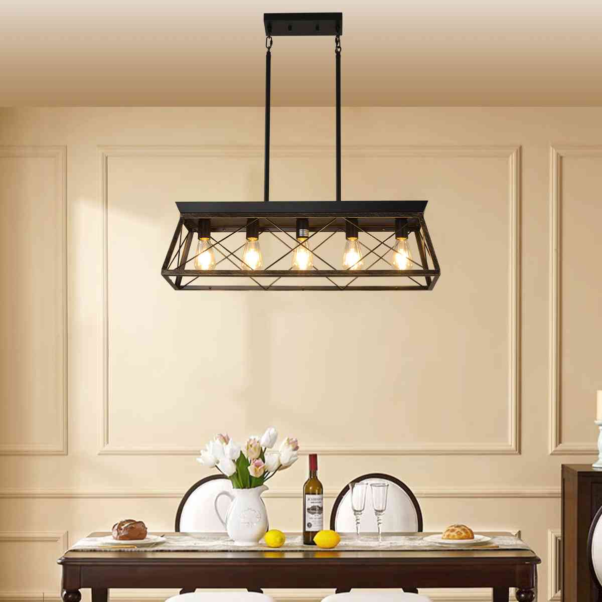 32" Black Gold Industrial 5-Light Pendant Chandelier, Modern Metal Cage Design, Adjustable Hanging Light for Dining Room, Kitchen, Living Room (No Bulbs)