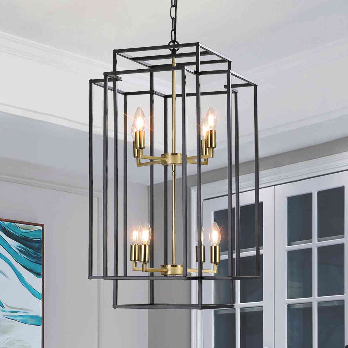 18" Modern 8-Light Black Gold Geometric Pendant Chandelier, Industrial Metal Frame, Adjustable Hanging Light for Living Room, Dining Room, Kitchen (No Bulbs)