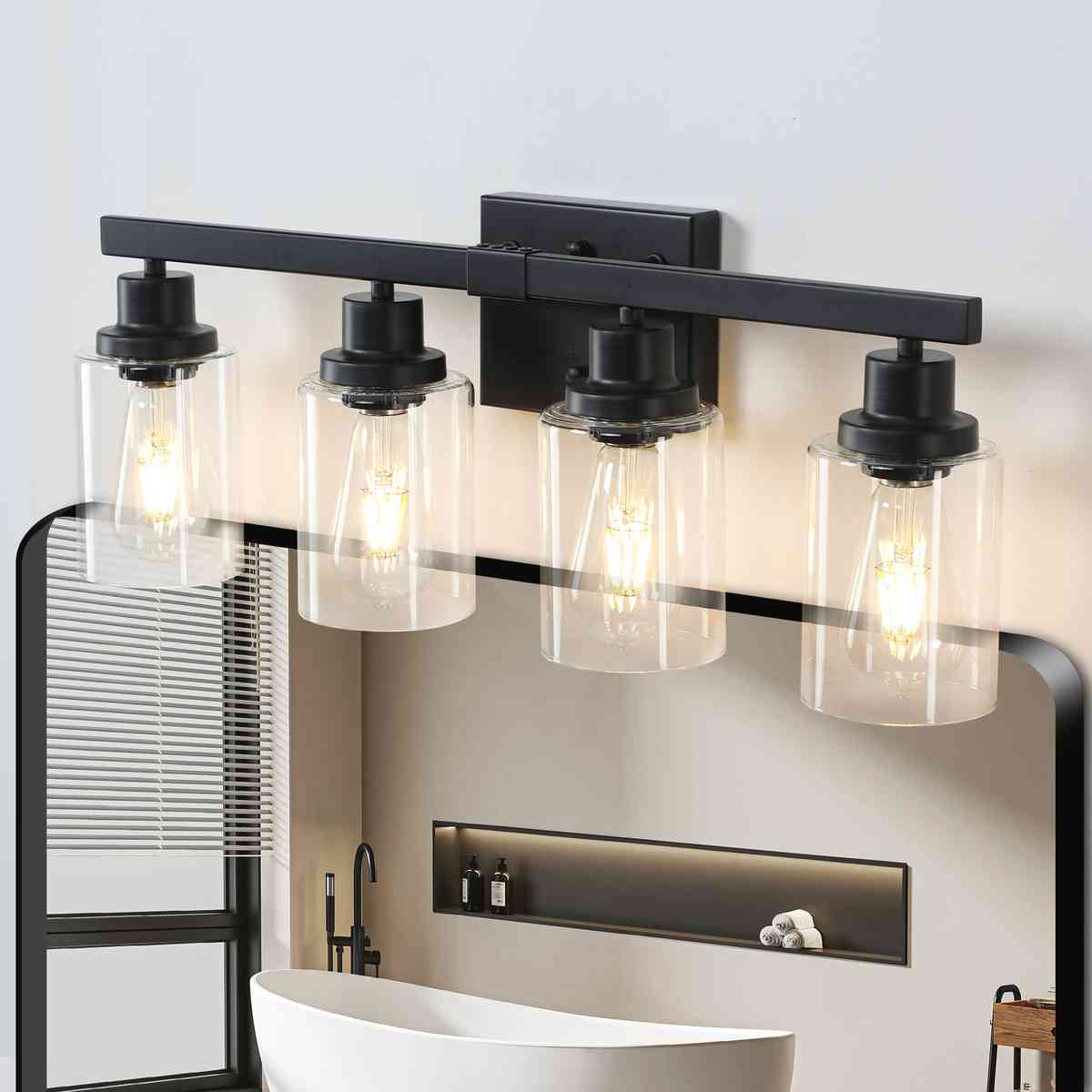 24" Modern Black 4-Light Bathroom Vanity Light Fixture, Industrial Wall Sconce with Clear Glass Shades for Mirror, Bathroom, Bedroom, and Hallway (No Bulbs)
