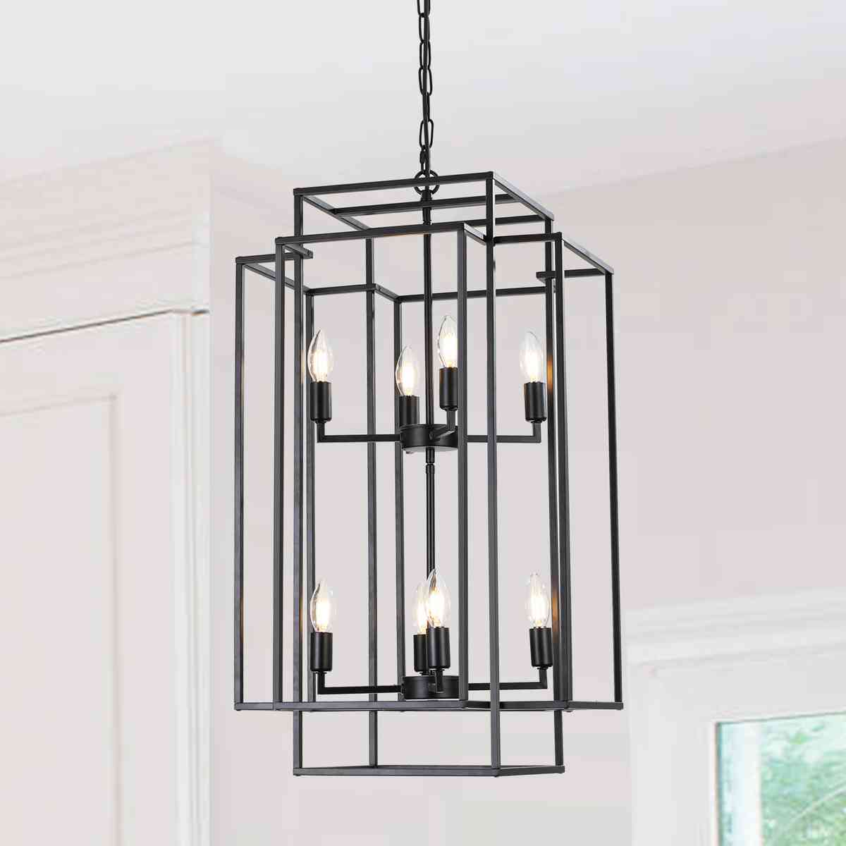 18" Modern 8-Light Black Geometric Pendant Chandelier, Industrial Metal Frame, Adjustable Hanging Light for Living Room, Dining Room, Kitchen (No Bulbs)