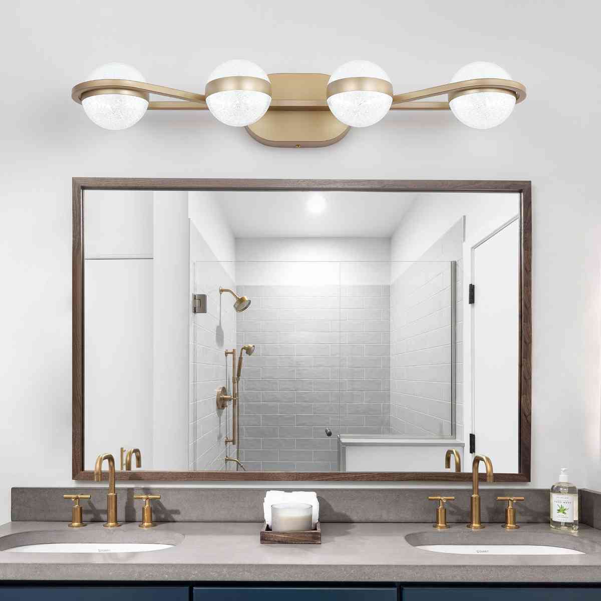 28" Golden Minimalist LED Bathroom Vanity Light with Crystal Sand Acrylic Shades, 4-Light Wall Mounted Decorative Lighting Fixture, Suitable for Bathroom Vanity Mirror