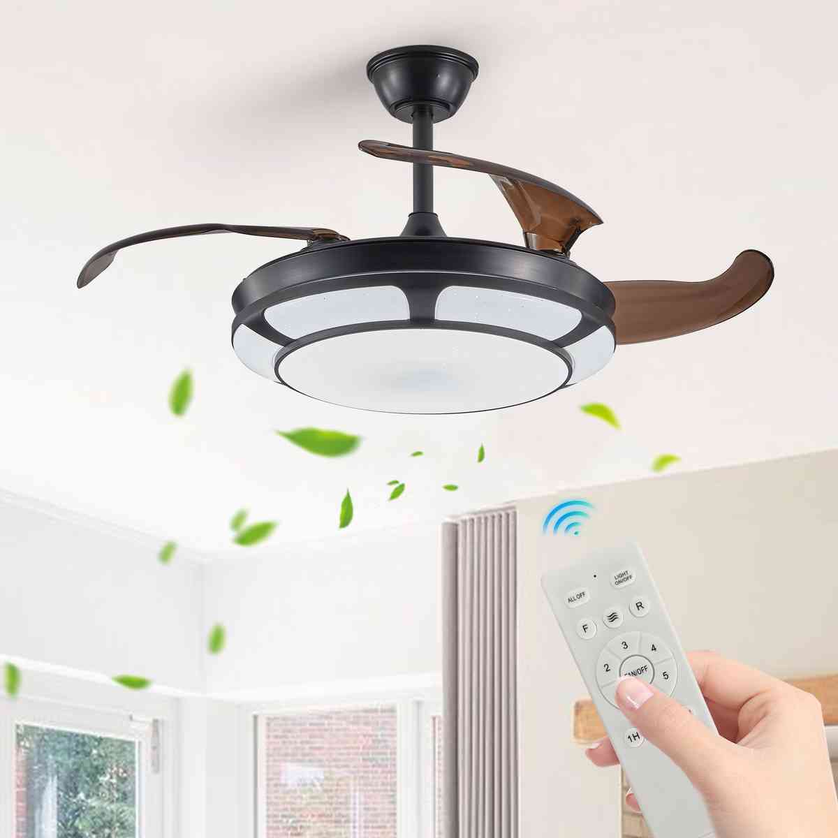42" Retractable Ceiling Fan with Light, Modern LED Chandelier Fan with Remote Control, 6 Speed Adjustable Blades, Quiet Motor, Dimmable Lighting for Living Room, Bedroom, Dining Room