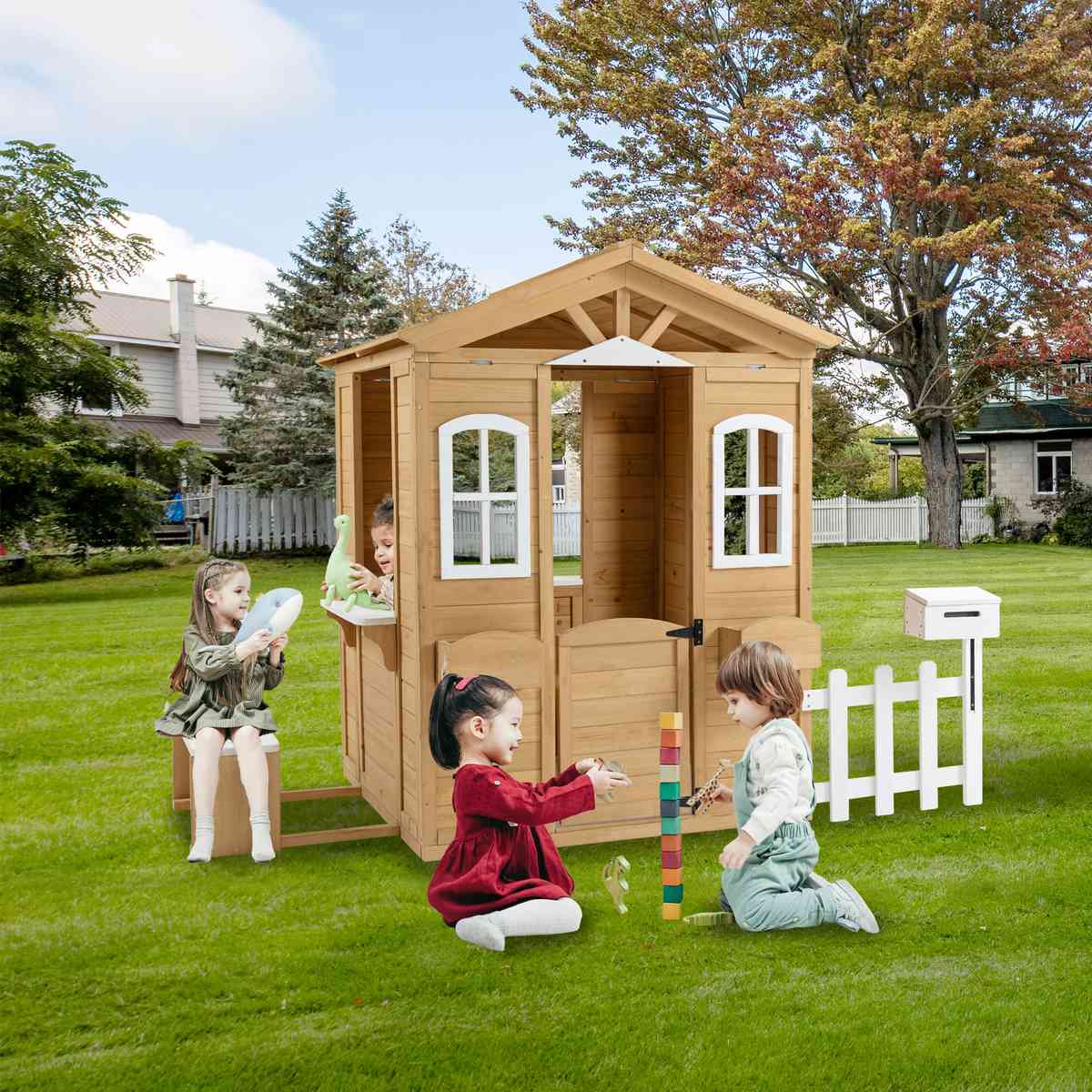Wooden Playhouse for Kids Outdoor with Working Door, Windows, Mailbox, Bench, Flowers Pot Holder, 39" x 38" x 55.5"