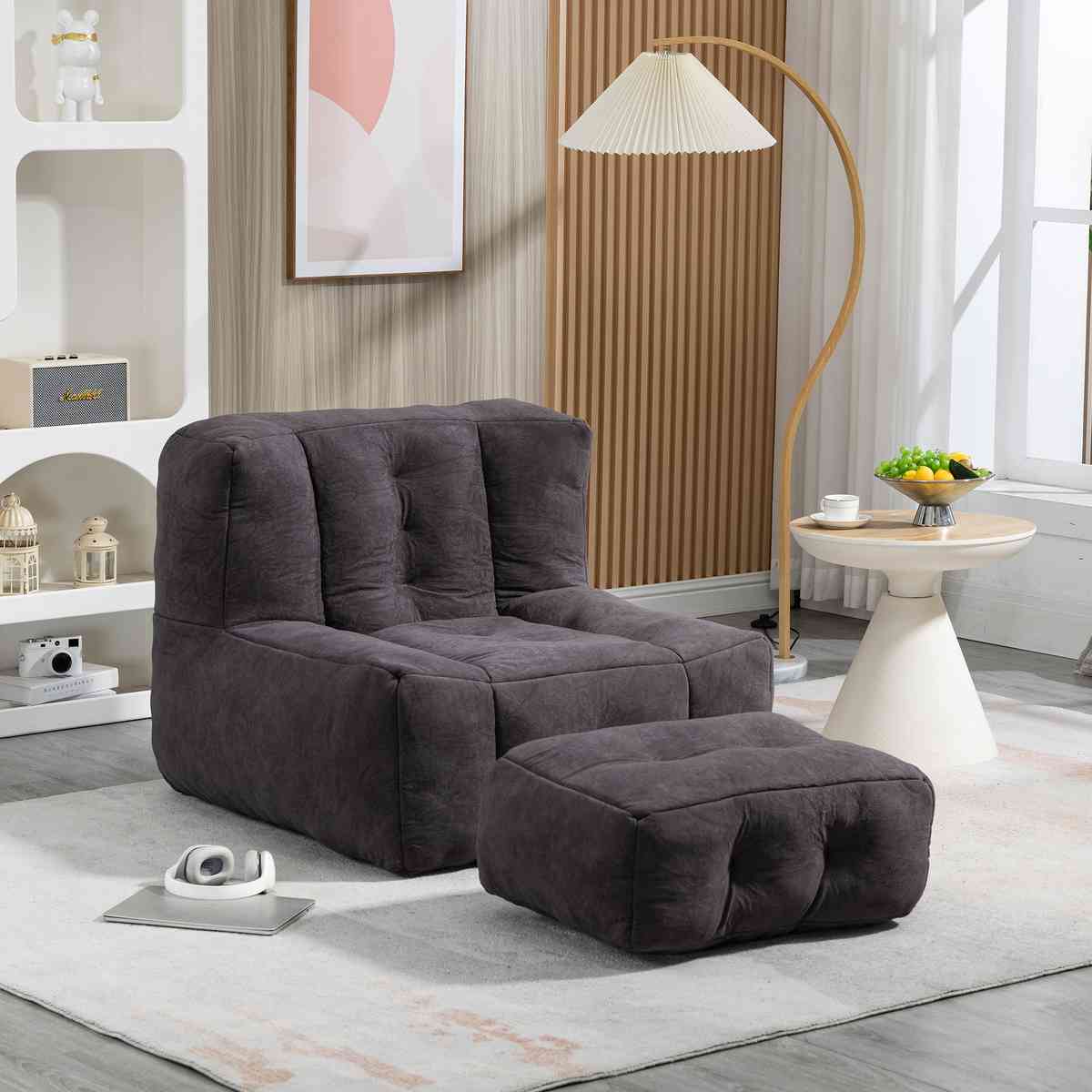 Fluffy bean bag chair, comfortable bean bag for adults, super soft lazy sofa chair with memory foam and ottoman, indoor modern focus bean bag chair for living room, bedroom, apartment