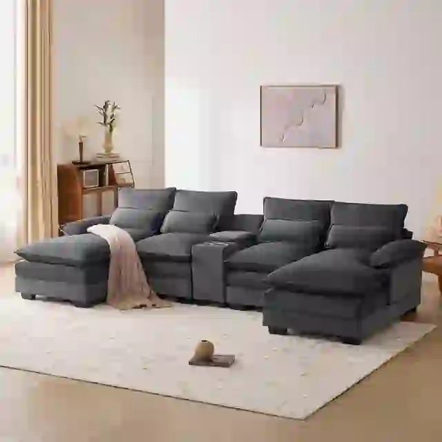 123*55" Modern U-shaped Sofa with Console,Cupholders and USB Ports,6-seat Upholstered Symmetrical Indoor Furniture,Sleeper Couch Set with Chaise for Living Room,Apartment,2 Colors