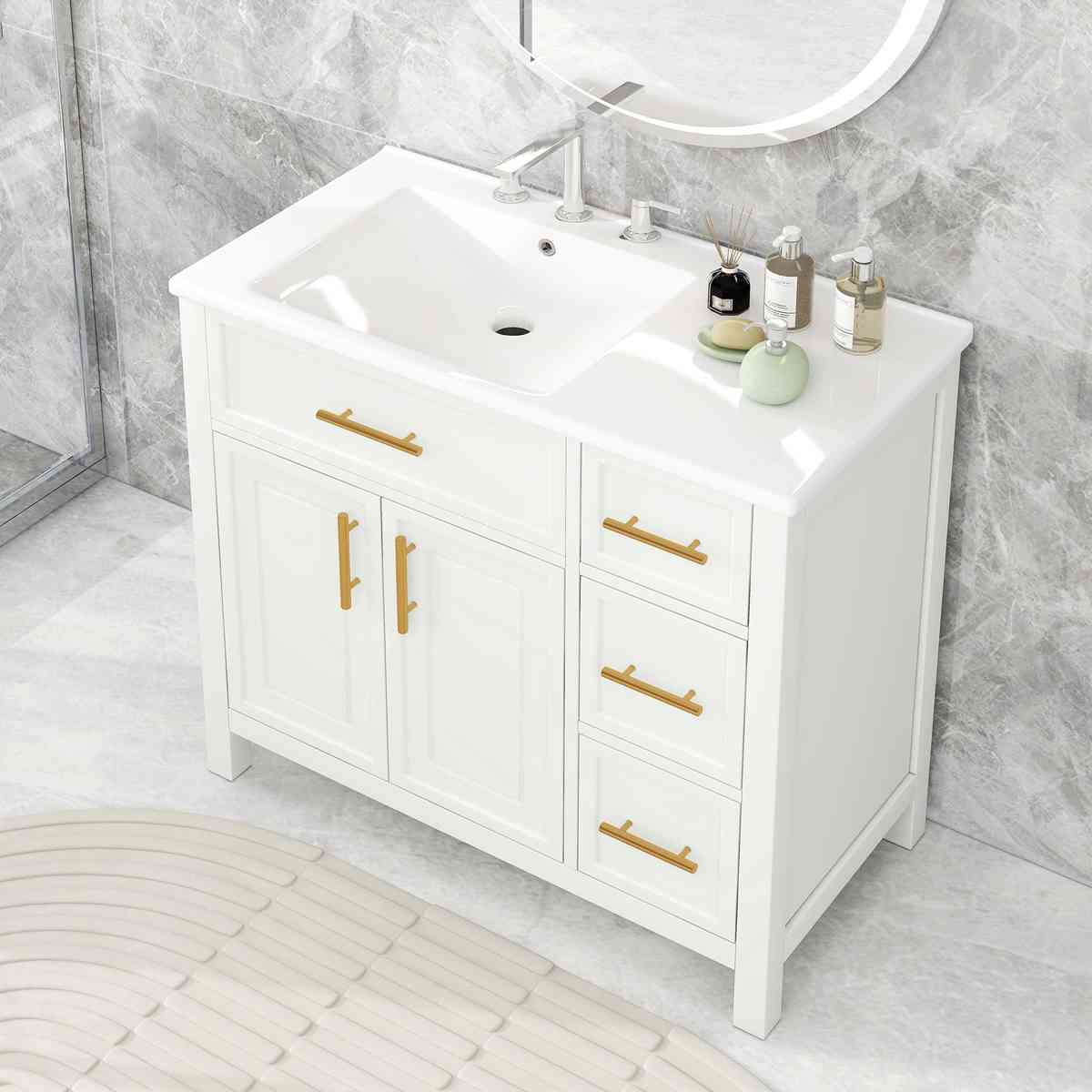 36" Bathroom Vanity with Sink Top, Bathroom Vanity Cabinet with Two Doors and Three Drawers, Solid Wood , MDF Boards ,One Package, White