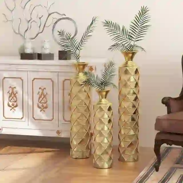 Metal decorative vase High Distress Metal center vase with 3D triangle pattern, set of 3 vases for home decoration 33.5 ", 29.5 ", 25.2 "high, gold