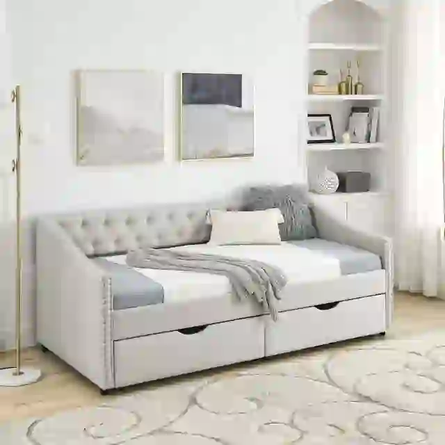 Twin Size Daybed with Drawers Upholstered Tufted Sofa Bed, with Button on Back and Copper Nail on Waved Shape Arms, Beige(81.5''x41''x30.5'')
