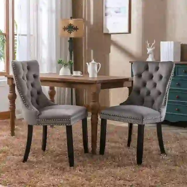 Nikki Collection Modern, High-end Tufted Solid Wood Contemporary Velvet Upholstered Dining Chair with Wood Legs Nailhead Trim 2-Pcs Set,Gray, SW2001GY