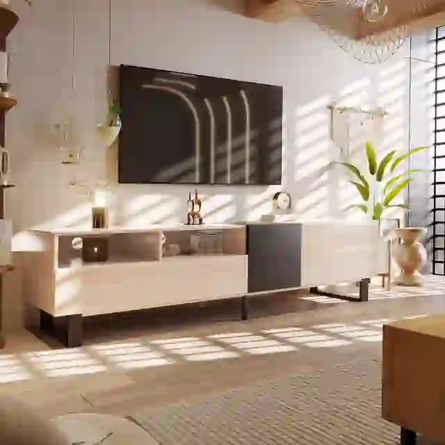 Modern TV Stand for 80'' TV with Double Storage Space, Media Console Table, Entertainment Center with Drop Down Door for Living Room, Bedroom, Home Theatre