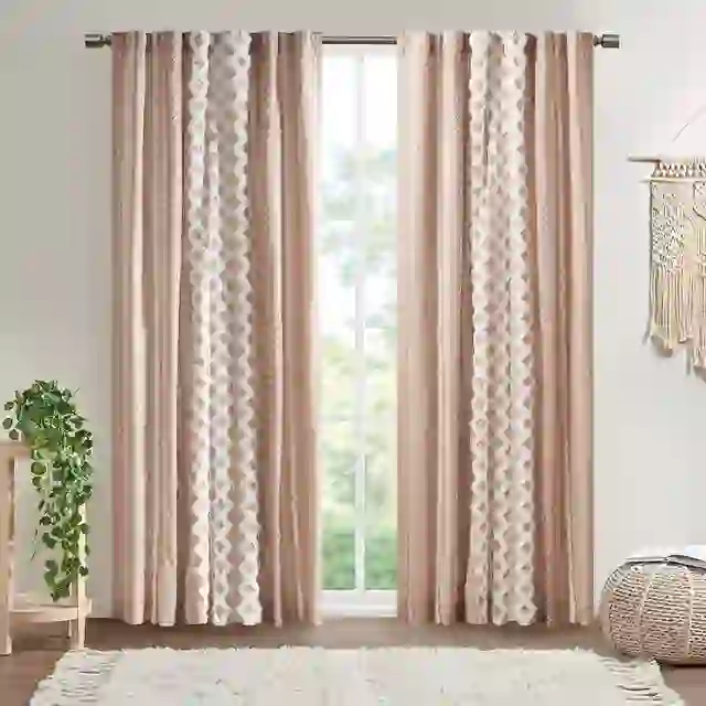Cotton Printed Curtain Panel with Chenille Stripe and Lining Blush 50x84"