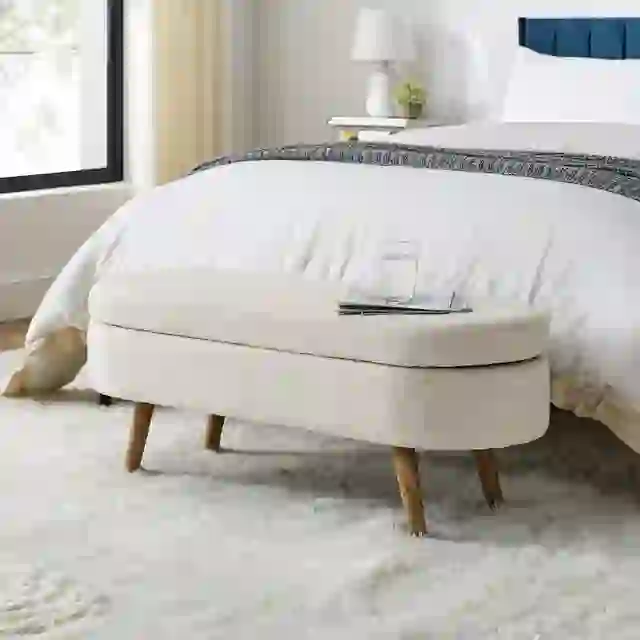 Ottoman Oval Storage Bench,Rubber Wood Legs, Beige(43.5"x16"x16")