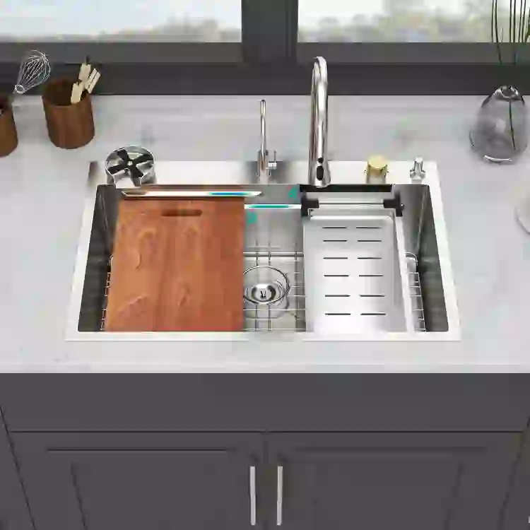 33" Drop in Waterfall Kitchen Sink - 33*22 inch Single Bowl 16 Gauge Stainless Steel Ledge Workstation Kitchen Sinks with Pull-Out Faucet & Cup Washer